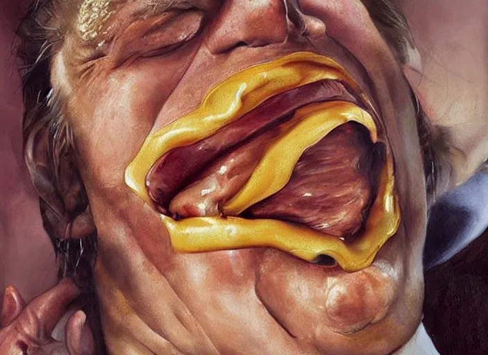 Prompt: realistic painting by jenny saville of!! donald trump!! licking a! cheeseburger!, art by jenny saville and tom bagshaw, detailed, sharp, smooth,! hamburger!