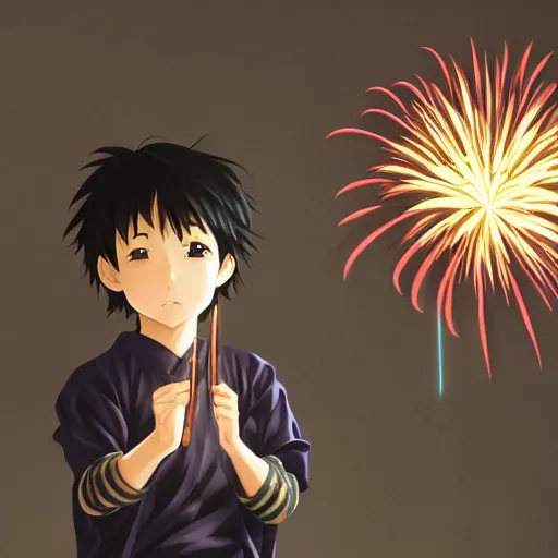 Prompt: portrait of a boy with fireworks in his foot, anime fantasy illustration by tomoyuki yamasaki, kyoto studio, madhouse, ufotable, trending on artstation