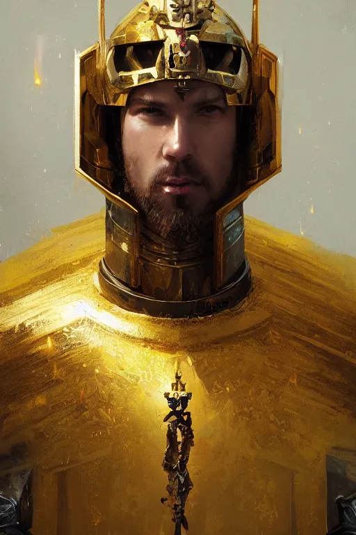 Prompt: A fancy portrait of a yellow medieval Holy Knight by Greg Rutkowski, Sung Choi, Mitchell Mohrhauser, Maciej Kuciara, Johnson Ting, Maxim Verehin, Peter Konig, 8k photorealistic, cinematic lighting, HD, high details, dramatic, trending on artstation