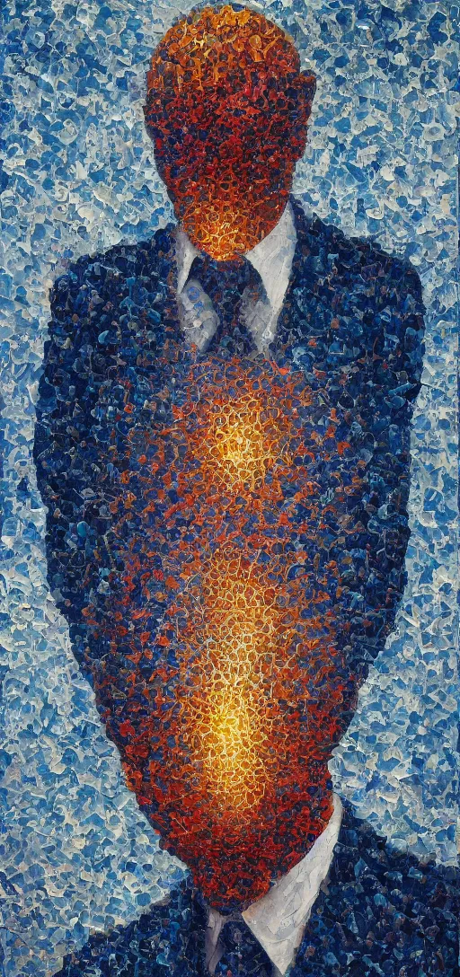 Image similar to oil painting of man in suit with mandelbrot fractal as head