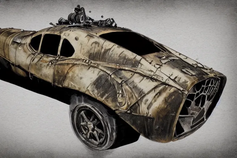 Prompt: Concept art of a mad max wedge car. Dieselpunk