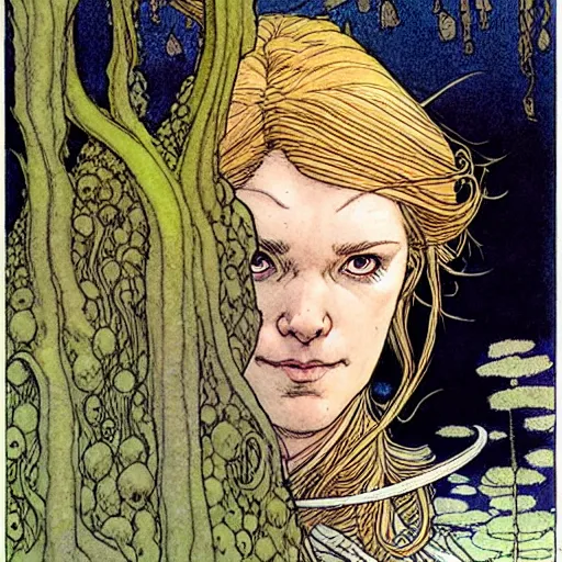 Image similar to a realistic portrait of sanna!!!!! marin!!!!!, the young beautiful female prime minister of finland as a druidic wizard by rebecca guay, michael kaluta, charles vess and jean moebius giraud