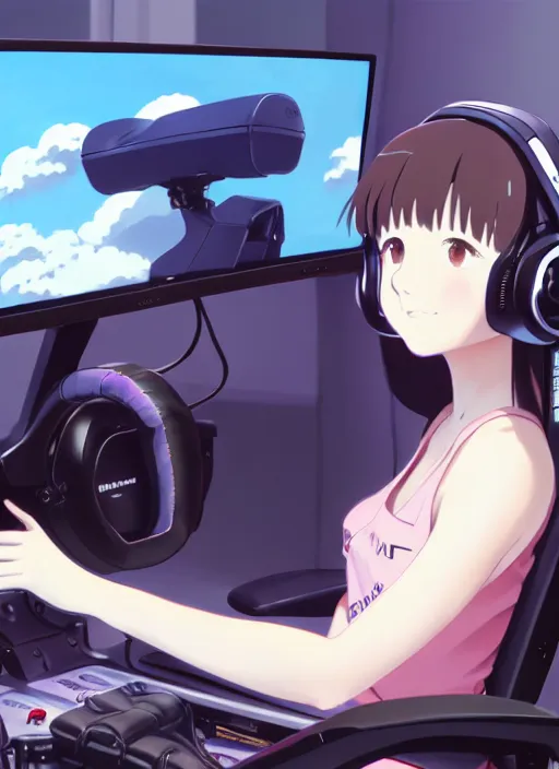 Prompt: portrait of cute girl driving on simracing simulator, personal room background, illustration concept art anime key visual trending pixiv fanbox by wlop and greg rutkowski and makoto shinkai and studio ghibli and kyoto animation, fanatec peripherals, playseat evolution, symmetrical facial features, small thrustmaster headphones, ferrari, thrustmaster t 3 0 0