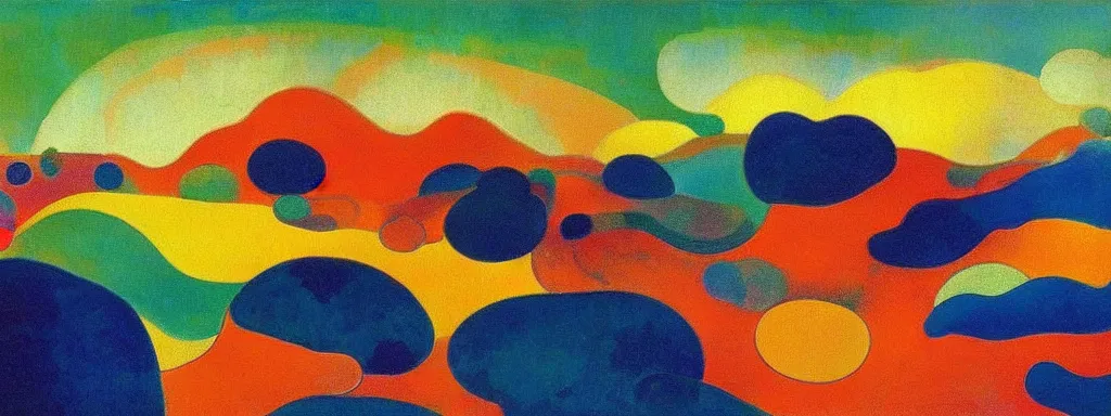 Image similar to An insane, modernist landscape painting. Wild energy patterns rippling in all directions. Curves, organic, zig-zags. Mountains, clouds. Rushing water. Waves. Psychedelic dream world. Odilon Redon. Alex Katz.