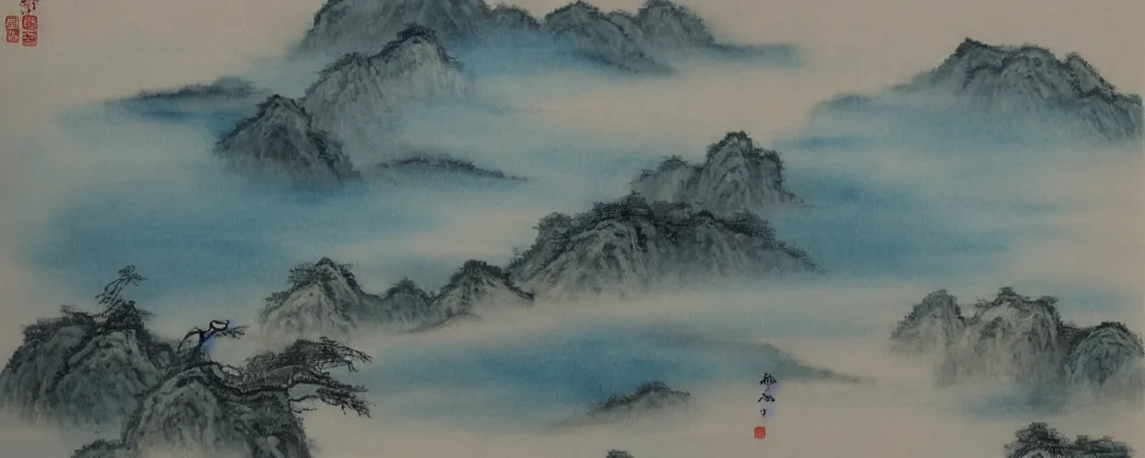 Prompt: a chinese water color painting of a cyan sky waiting for foggy rain,
