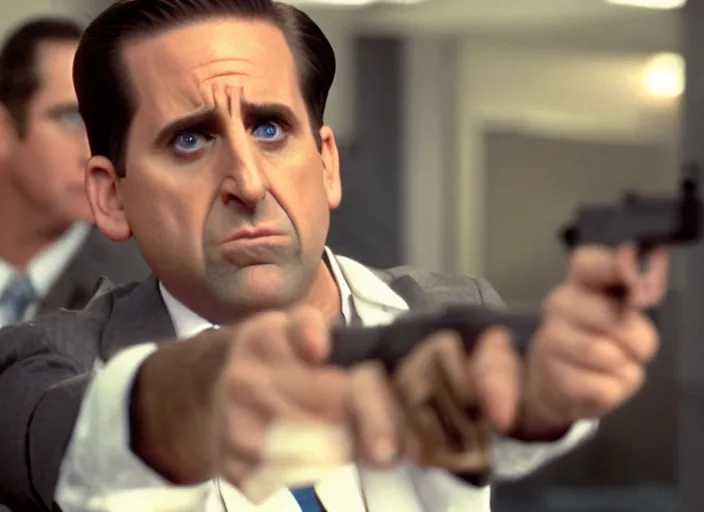 Prompt: film still of michael scott aiming a pistol, 8 k,