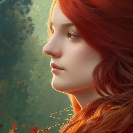 Image similar to girl with super long hair, hair becoming autumn red leaves, intricate, highly detailed, digital painting, artstation, concept art, smooth, sharp focus, illustration, unreal engine 5, 8 k, art by artgerm and greg rutkowski and alphonse mucha