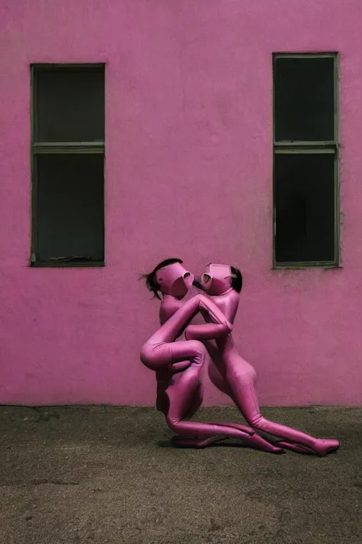 Image similar to a surreal portrait of intertwined and contorted figures wearing gas mask next to a pink wall in the style of brooke didonato, editorial fashion photography from vogue magazine, full shot, nikon d 8 1 0, ƒ / 2. 5, focal length : 8 5. 0 mm, exposure time : 1 / 8 0 0, iso : 2 0 0