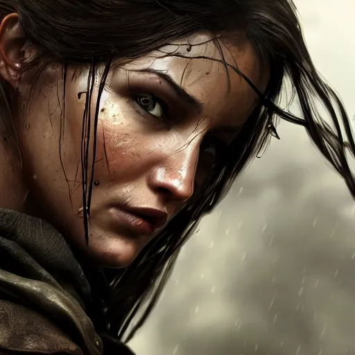 Image similar to Lara croft as blacksmith, wet face , heavy rain ,dramatic, intricate, highly detailed, concept art, smooth, sharp focus, illustration, Unreal Engine 5, 8K