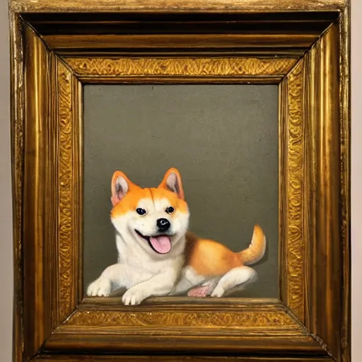 Prompt: Dutch oil painting from the 1600s, Shiba Inu smiling