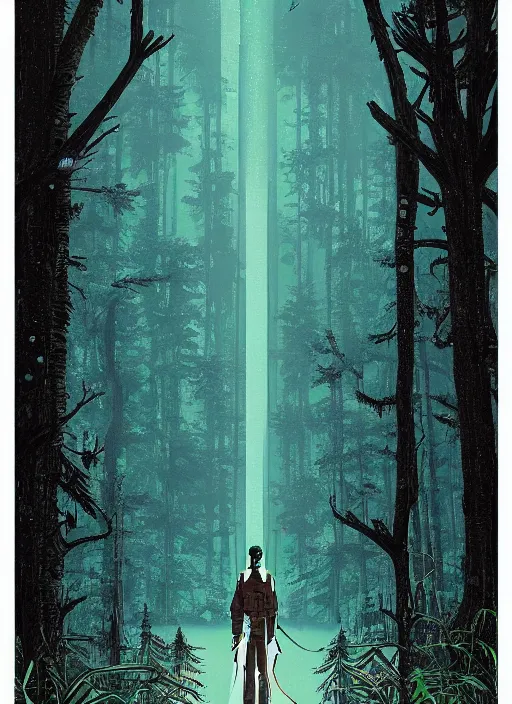 Prompt: a transparent glass movie poster of a cyberpunk explorer in an ancient forest filled with roaming giant ghosts, midnight, risograph by ghostshrimp, kawase hasui, josan gonzalez, jean giraud, moebius and edward hopper, colourful flat surreal design, in the style of oxenfree, super detailed, a lot of tiny details, negative space