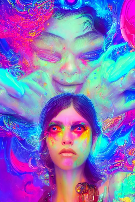 Prompt: a beautiful girl engulfed in colorful liquid clouds and neon smoke, colorful psychedelic experience, psilocybin, dmt, lsd, face, highly detailed, concept art, sharp focus, digital art by hana yata, and artem demura and beeple, lisa frank, cyberpunk, octane render, unreal engine, 8 k