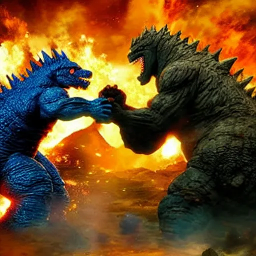 Prompt: Godzilla fighting Optimus Prime in a volcano with guns