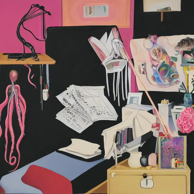 Image similar to a portrait in a female art student's bedroom, black walls, a woman reading das kapital, pancakes, sheet music, electric guitar, surgical supplies, ikebana, sensual, octopus, neo - expressionism, surrealism, acrylic and spray paint and oilstick on canvas