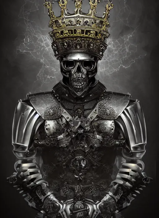 Image similar to portrait of king arthur skull faced knight cyborg with a crown with engravings, studio portrait against a black background, modern fine art, fractal, intricate, elegant, highly detailed, digital photography, subsurface scattering, in the style of ghost, by jheronimus bosch and yue minjun and giger and greg rutkowski,