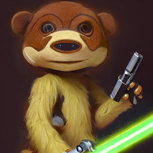 Prompt: Cartoon character Cheburashka holding a lightsaber, artstation, concept art, sharp focus, illustration, art by greg rutkowski and alphonse mucha