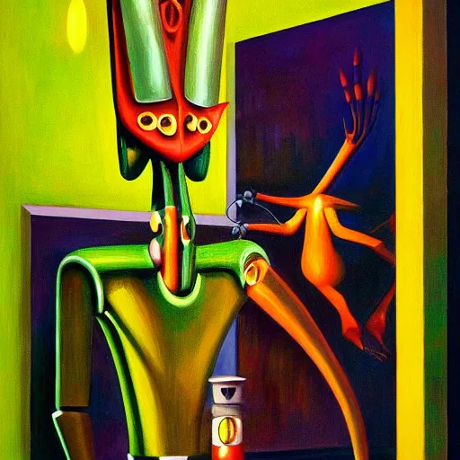 Prompt: alien robot shaman, dystopian, pj crook, edward hopper, oil on canvas