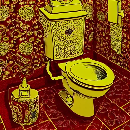 Image similar to a golden toilet with red flowers embossed into the material, the toilet is shiny, junji ito, varying locations, varying angles, color restoration
