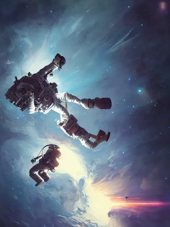 Image similar to photo of 8k ultra realistic astronaut floating in space, dark, stars, full of colour, cinematic lighting, battered, trending on artstation, 4k, hyperrealistic, focused, extreme details,unreal engine 5, cinematic, masterpiece, art by Peter Mohrbacher