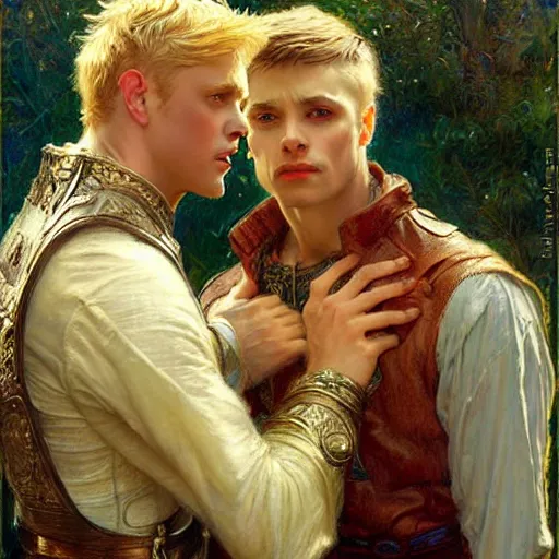 Image similar to attractive arthur pendragon in love with attractive male merlin. highly detailed painting by gaston bussiere, craig mullins, j. c. leyendecker