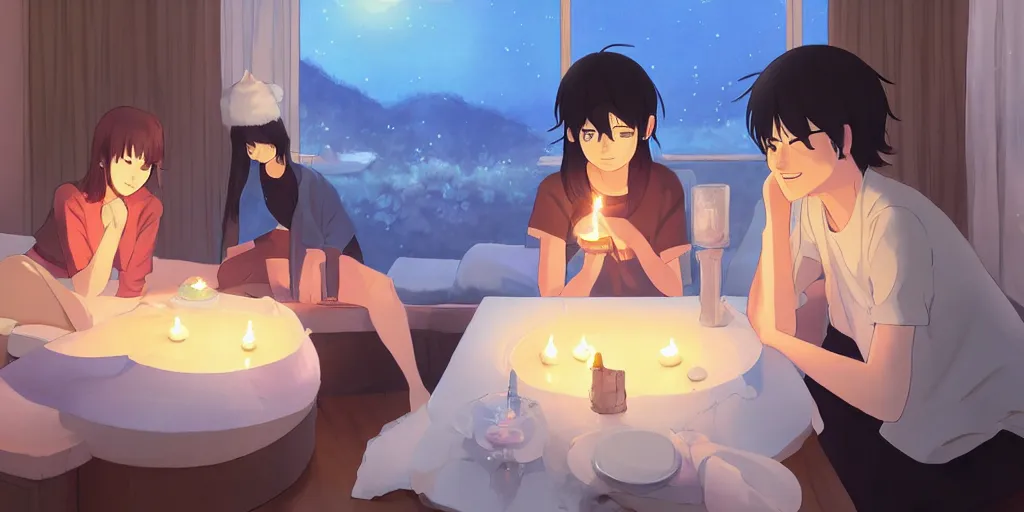 Prompt: a cozy party at midnight, modern indoors, bay area, candles, hot tub, friendship, art by makoto shinkai