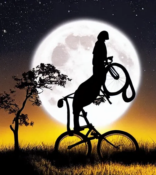 Prompt: elephant riding a flying bike across the full moon as silhouette, from the movie e. t. the extra terrestrial, with dark trees in foreground, cinematic frame by steven spielberg, hd