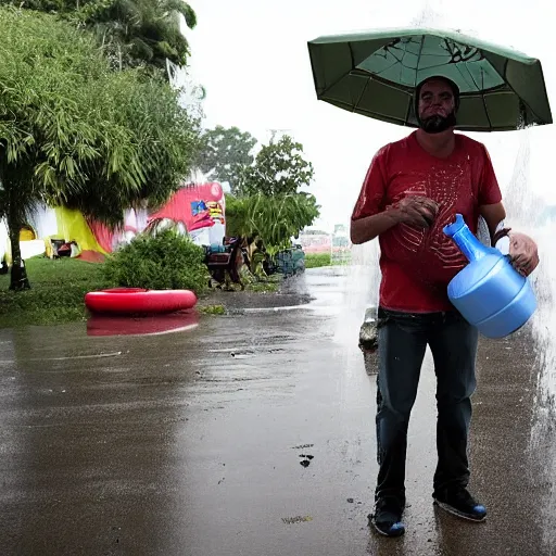 Image similar to man standing next to his inflatable quecha, drinking a canned beer, it is raining and he has no shelter so he gets soaked