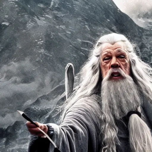 Prompt: Gandalf the Grey confidently taking a Selfie on the mountain, a balrog in the background looming,