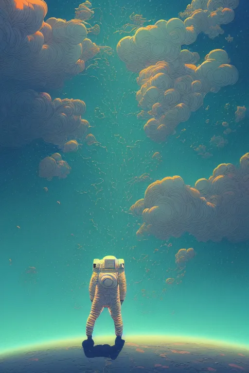 Prompt: lonely astronaut flying in jupiter's clouds, epic scene, by victo ngai, kilian eng vibrant colours, dynamic lighting, digital art, winning award masterpiece, fantastically beautiful, illustration, aesthetically inspired by beksinski and dan mumford, trending on artstation, art by greg rutkowski, 8 k
