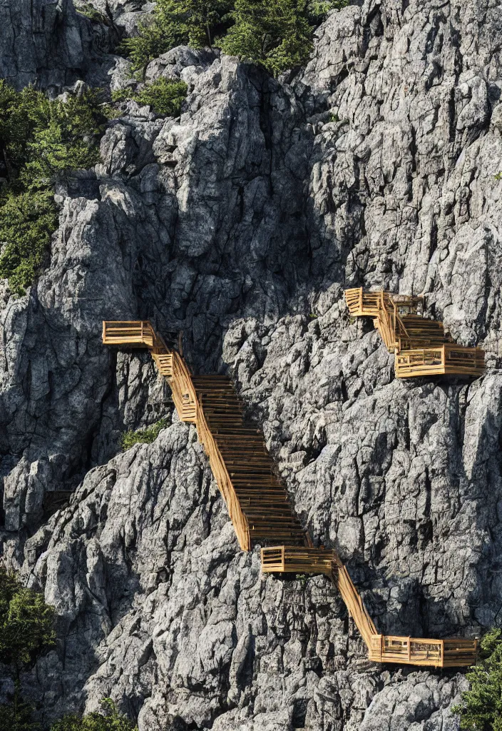 Image similar to kodak portra 4 0 0, photographic and realistic vast staircase carved into black rock cliff side, photorealistic, hyper detailed, 8 k, movie still, artstation, unreal engine,