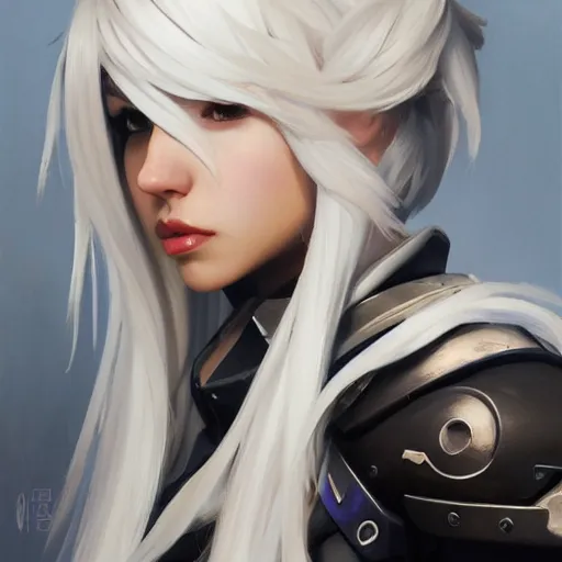 Image similar to greg manchess portrait painting of a 2 yorha type a no. 2 as overwatch character, white long hair, medium shot, asymmetrical, profile picture, organic painting, sunny day, matte painting, bold shapes, hard edges, street art, trending on artstation, by huang guangjian and gil elvgren and sachin teng