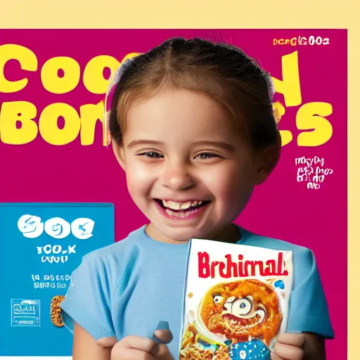 Image similar to photo of a cereal - box with a picture of a smiling broken - toothed child on the cover