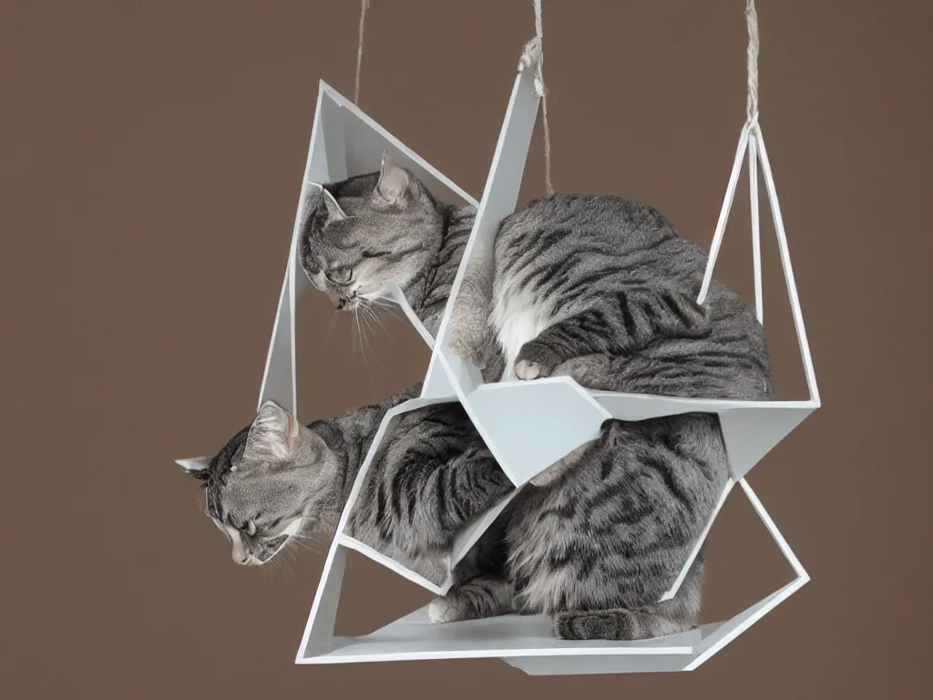 Image similar to cat hanging on hyper-dimensional impossible geometric object