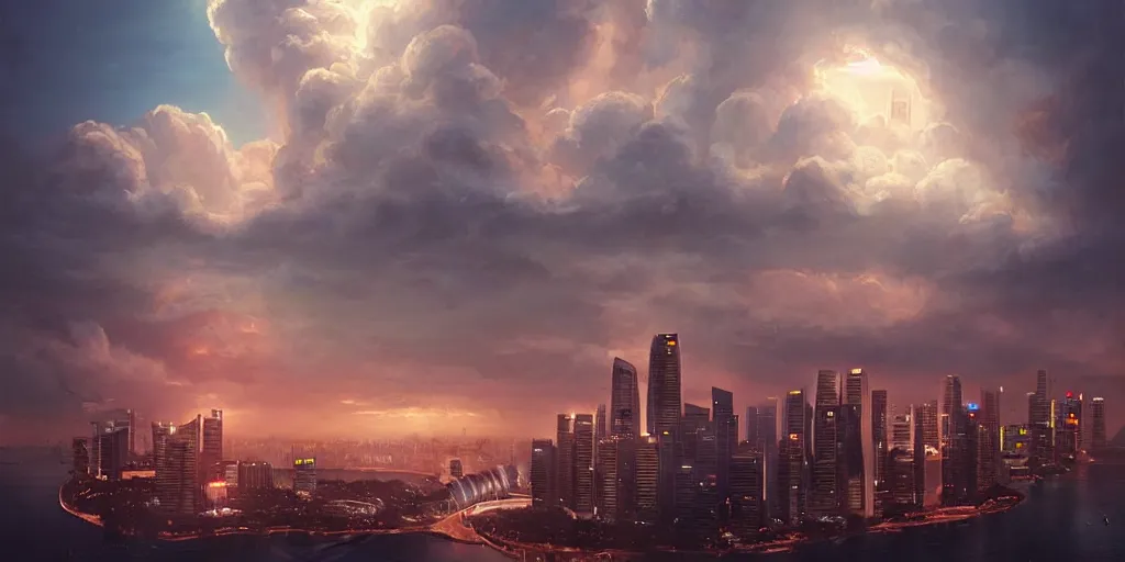 Image similar to Singapore city with a lion-shaped!!!!! cloud in the sky, by greg rutkowski, red and white lighting, digital art, ultra realistic, ultra detailed, photorealistic, 4k, character concept