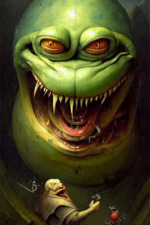 Image similar to hieronymus bosch, greg rutkowski, anna podedworna, painting of king k rool's floating head with huge buff arms growing out of it