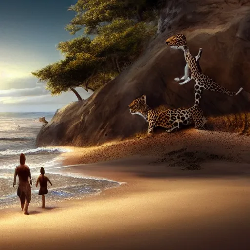 Prompt: a beach with with shells and a leopard walking there, highly-detailed, dramatic lighting, artstation, 4k, cinematic landscape, photograph by Keanu Reeves