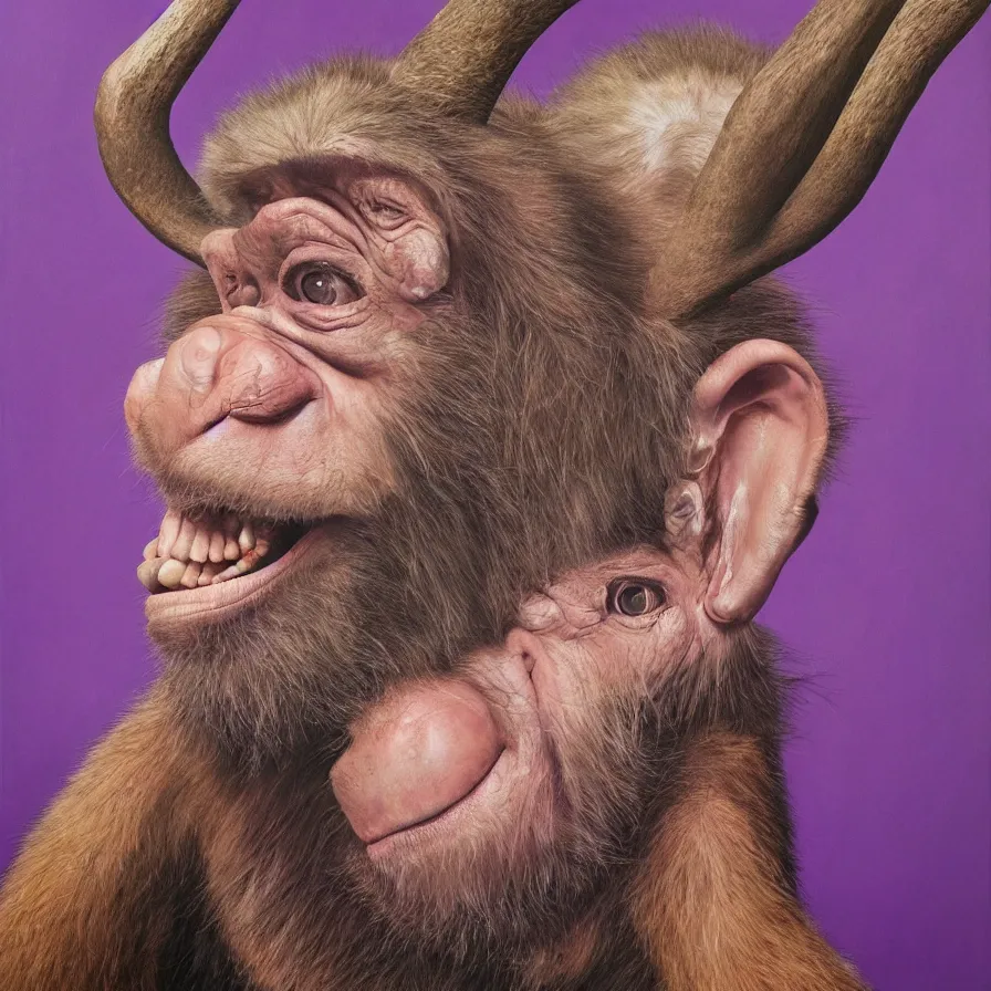 Prompt: hyper realistic portrait painting by chuck close, studio lighting, brightly lit purple room, an ape with antlers laughing, a giant rabbit clown crying