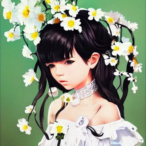 Image similar to little indigenous girl with flowers in hair wearing an white dress. art by ilya kuvshinov, profile picture, inspired in hirohiko araki, realistic, highly detailed, 8 0 s anime art style, vogue cover