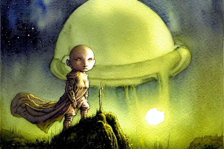 Image similar to a realistic and atmospheric watercolour fantasy character concept art portrait of a short fat chibi grey alien emerging from the mist on the moors of ireland at night. a ufo is in the sky. by rebecca guay, michael kaluta, charles vess and jean moebius giraud