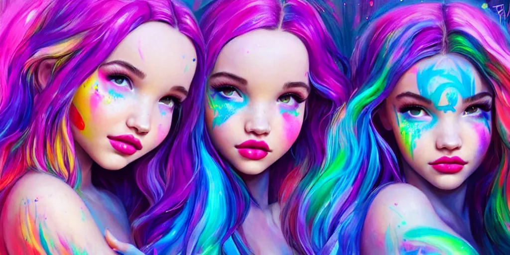 Image similar to dove cameron and madison beer and bella poarch are three beautiful raver girls in the dark, rolling on ecstasy, peaking on pure molly, dilated pupils and covered in florescent paint, highly detailed, digital painting, dramatic lighting, artstation, concept art, matte, sharp focus, illustration, art by artgerm and ross tran and thomas kincade