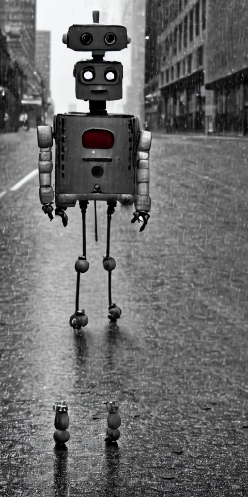 Image similar to robot on the road, city, photo, rain,