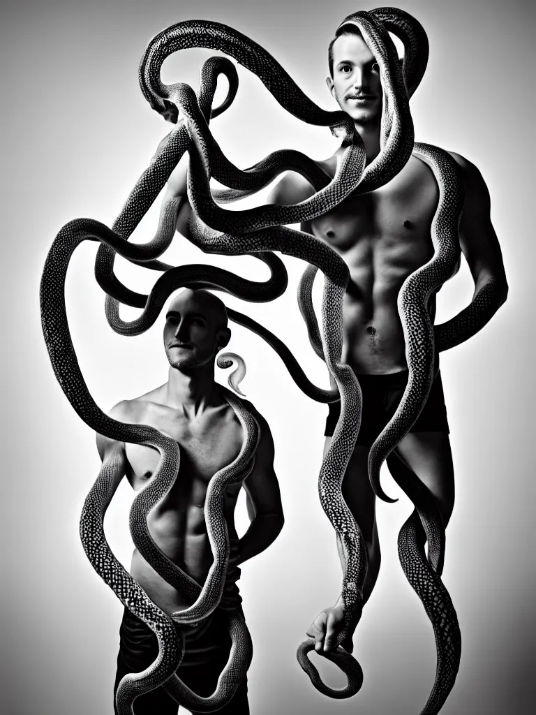 Image similar to a perfect full length portrait of a man standing, proudly displaying his four dimensional hyperbolic body extensions that extrude, protude and extend outwards and around his body like grasping prehensile tendrils tentacles and snakes, perfect studio lighting.