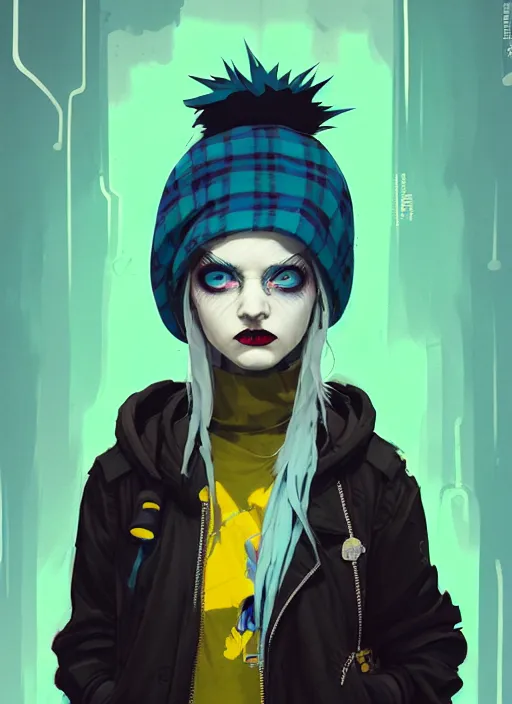 Image similar to highly detailed portrait of a sewer punk lady student, blue eyes, tartan hoody, hat, white hair by atey ghailan, greg rutkowski, greg tocchini, james gilleard, joe fenton, kaethe butcher, gradient yellow, black, brown and cyan color scheme, grunge aesthetic!!! ( ( graffiti tag wall ) )