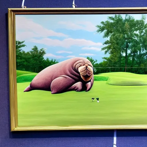 Image similar to a painting of a walrus lying on a golf course,