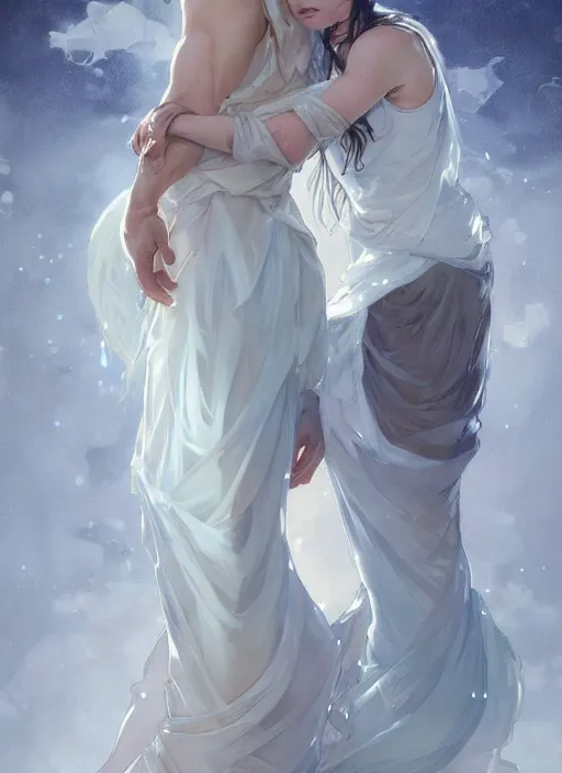 Image similar to a couple made of ice and water, full body view, beautiful high quality realistic fantasy art, trending on artstation by artgerm and greg rutkowski and alphonse mucha