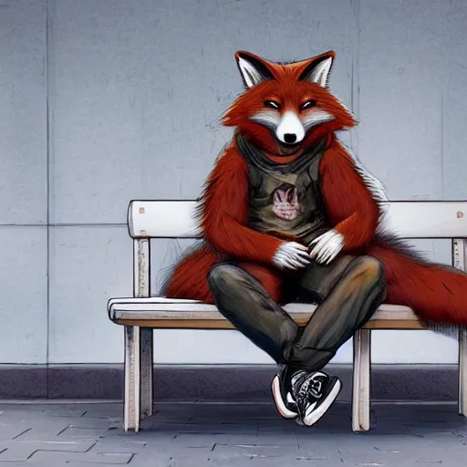 Image similar to a manly anthropomorphic fox wearing streetwear, sitting on a bench in a park, furry art, furaffinity, character design, 4k
