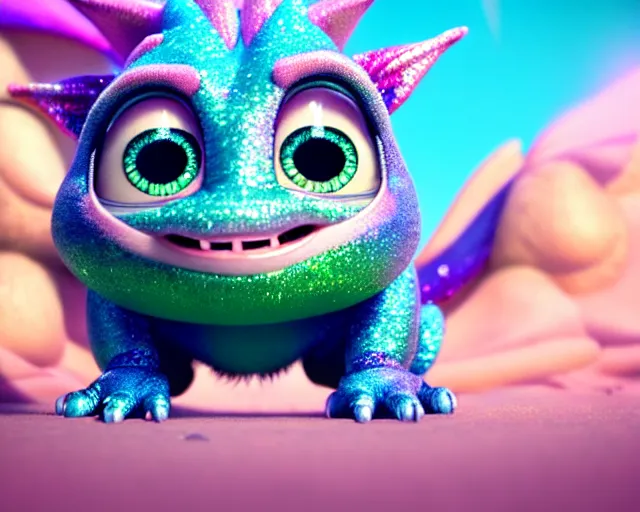 Prompt: a cute cute baby dragon, big eyes, soft fur texture, pastel colours, colorful, shiny glitter crystals, cute, adorable, pixar animation style, detailed, soft light, octane render, cute, 4 k,