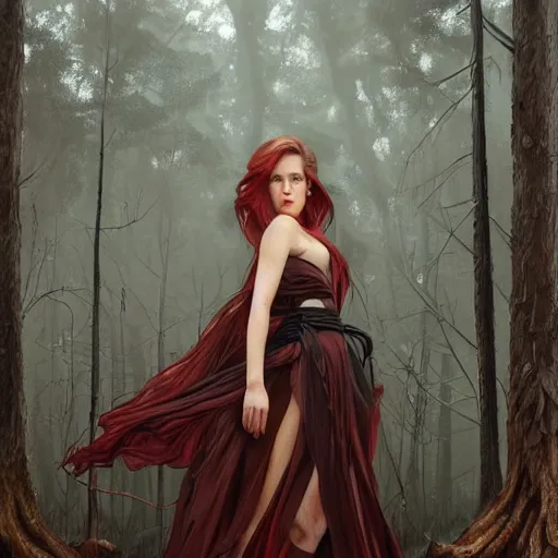 Prompt: full figure ultra realistic illustration, evan rachel wood in a forest wearing a dystopian black dress, brown flowy hair with tints of red, edo japan, intricate, elegant, highly detailed, digital painting, artstation, concept art, smooth, sharp focus, illustration, art by artgerm and greg rutkowski and alphonse mucha