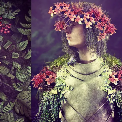 Image similar to a male knight, stern face, clear eyes, in a dark forest, shining armour made of steel and flowers, and fractal flowery hair in a fractal garden, glowing delicate flower, berries and ferns that grow in a dark fantasy forest, full frame,