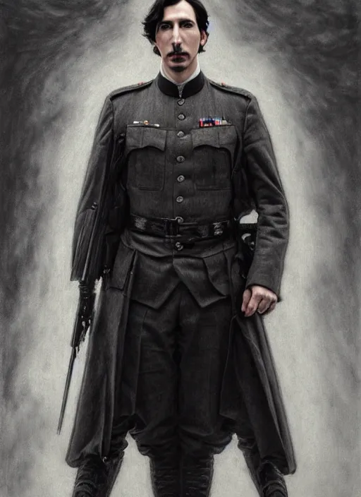 Image similar to painting of both john oliver and adam driver together, john oliver, adam driver, stoic, full body, military uniform, fantasy, intricate, elegant, beautiful, highly detailed, charcoal, centered, dark, smokey, digital painting, concept art, smooth, sharp focus, illustration, art by artgerm, art by greg rutkowski, art by alphonse mucha